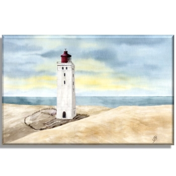 Leinwand 40 x 30 cm Keilrahmen Canvas-Leinen Aquarell Maritim Kunst Druck Kunstdruck Nordsee Dänemark Danmark Leuchtturm Rubjerg Knude Düne Blokhus Lokken Sonnenuntergang